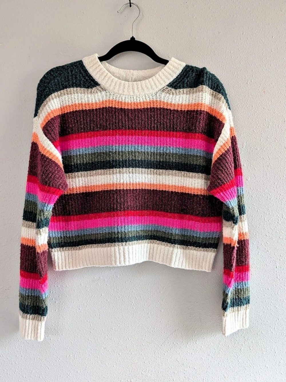 American Eagle Striped Ribbed Knit Cropped Crewneck Pullover Sweater Medium